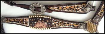 Showman Cheetah print hair on inlay with sunflower accent browband headstall and breast collar set with beads and engraved conchos and hardware #3